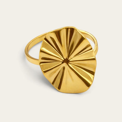 Time4Me gold-tone stainless steel adjustable ring featuring a textured oval wave design for a modern look.