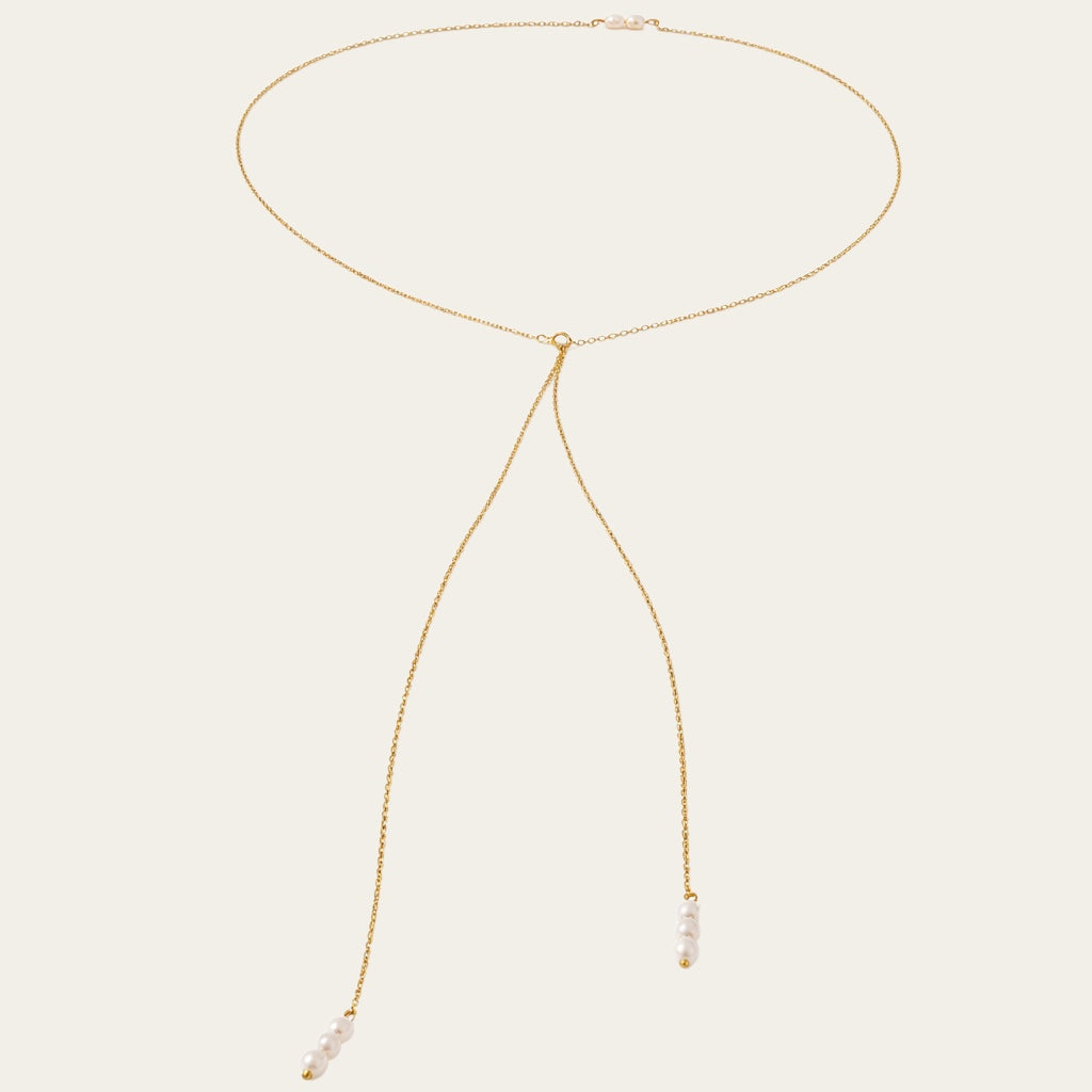 Time4Me gold Y-shaped back necklace made of stainless steel featuring three delicate pearls at each end