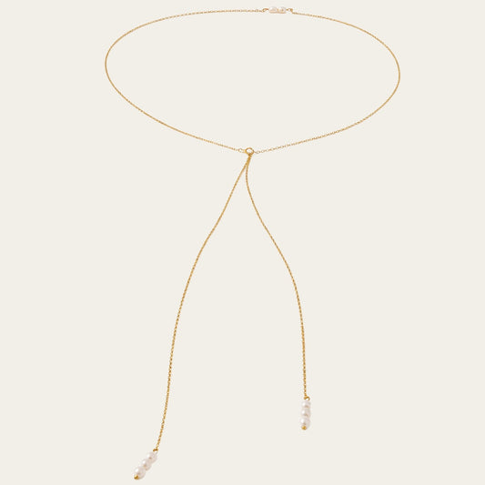 Time4Me gold Y-shaped back necklace made of stainless steel featuring three delicate pearls at each end