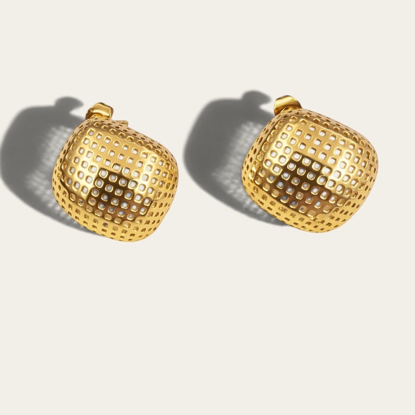 Time4Me gold square stud earrings with a perforated grid design made of durable stainless steel
