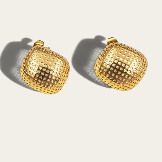 Time4Me gold square stud earrings with a perforated grid design made of durable stainless steel