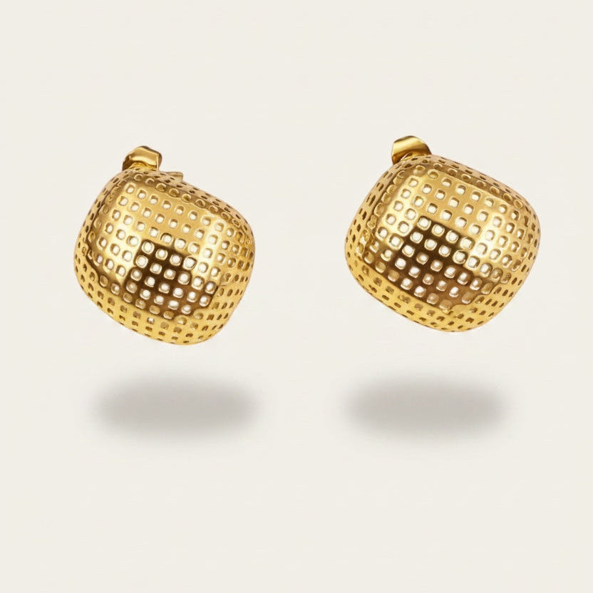 Time4Me gold-toned square stud earrings with a perforated mesh design made from durable stainless steel