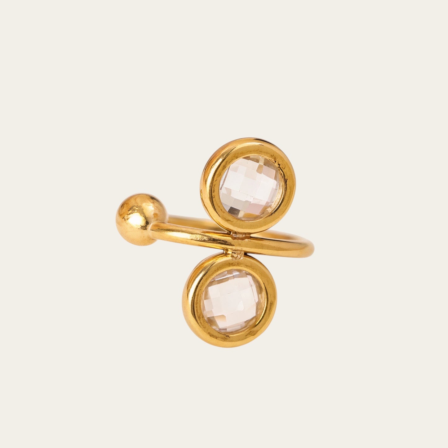 Time4Me gold-tone stainless steel ear cuff featuring two round clear crystal rhinestones in a modern design