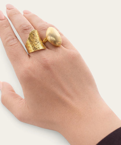Time4Me adjustable gold satin finish stainless steel ring worn on a hand with a textured statement ring