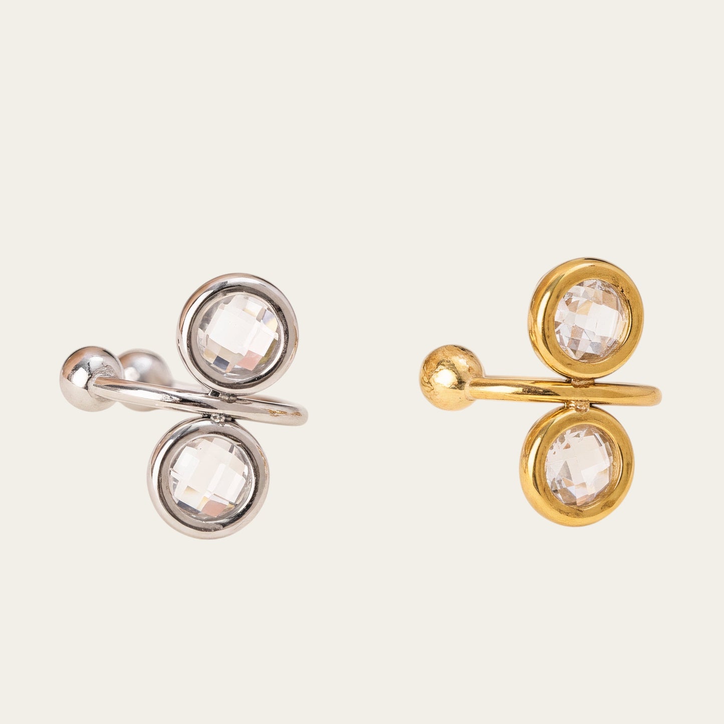 Time4Me gold and silver stainless steel ear cuffs featuring two round clear rhinestones in a modern minimalist design