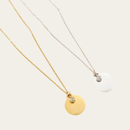 Time4Me gold and silver stainless steel necklaces with round pendants for engraving and sparkling rhinestone accents