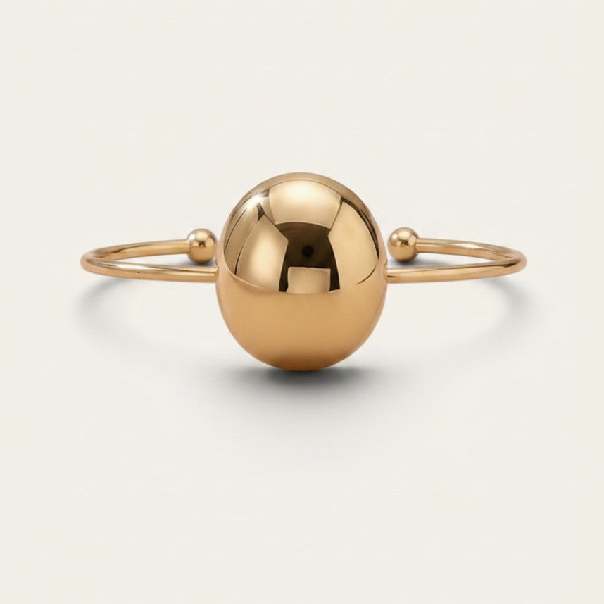 Time4Me gold open cuff bracelet featuring a polished central sphere and delicate ball-tipped ends in stainless steel