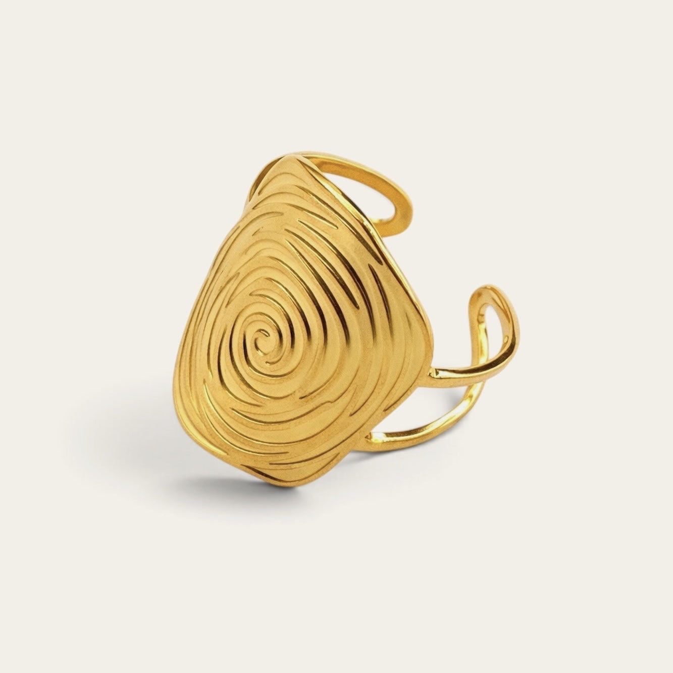 Time4Me gold-tone adjustable oval ring featuring a textured spiral design, crafted from durable stainless steel.