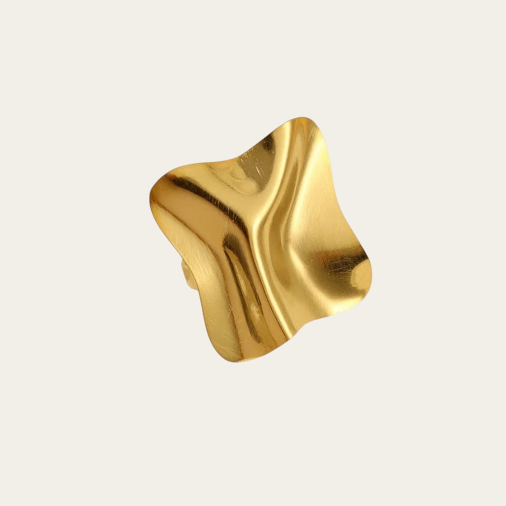 Time4Me gold square ring with a textured crinkled finish, crafted from adjustable stainless steel.