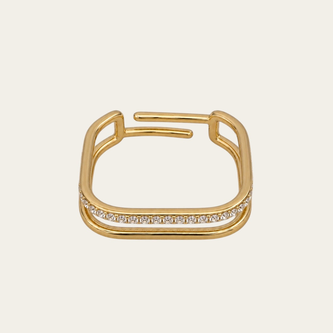 Time4Me adjustable gold-tone stainless steel square ring with one smooth band and one band featuring round rhinestones