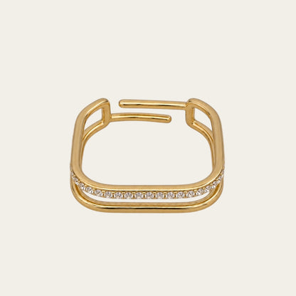 Time4Me adjustable gold-tone stainless steel square ring with one smooth band and one band featuring round rhinestones