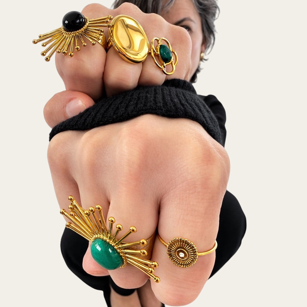 Time4Me adjustable gold-tone stainless steel ring with a delicate rhinestone accent worn on a hand