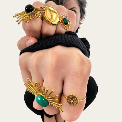 Time4Me adjustable gold-tone stainless steel ring with a delicate rhinestone accent worn on a hand