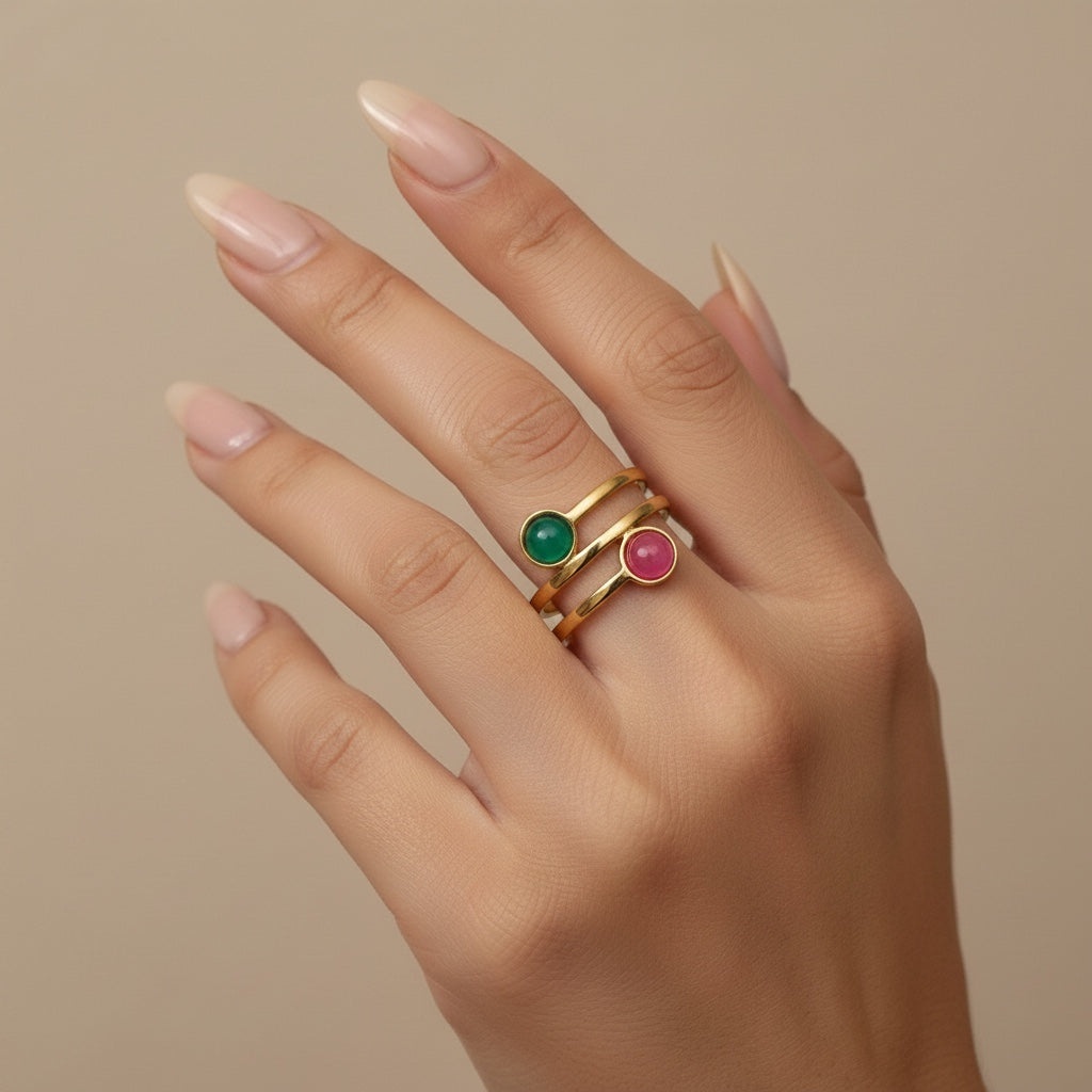 Time4Me adjustable gold stainless steel ring set featuring small round green and pink gemstone accents on a hand