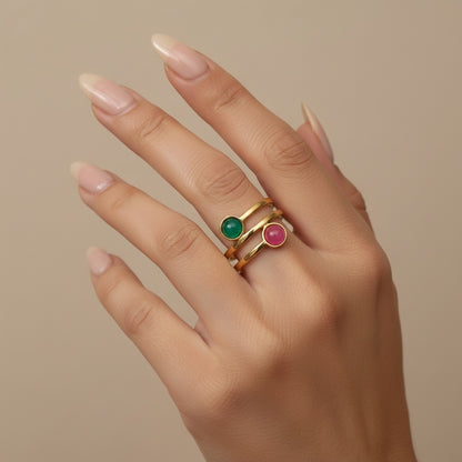 Time4Me adjustable gold stainless steel ring set featuring small round green and pink gemstone accents on a hand