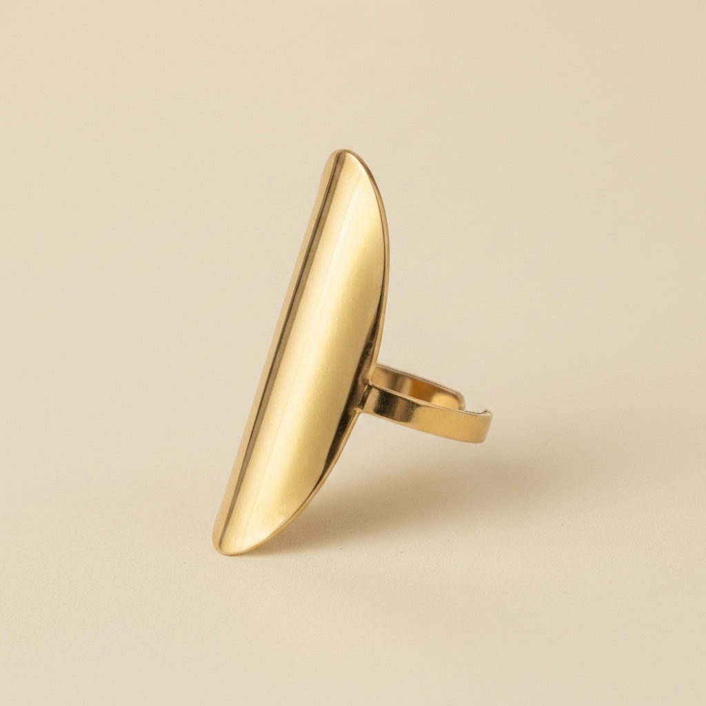 Time4Me gold-toned smooth stainless steel adjustable statement ring with a sleek elongated design