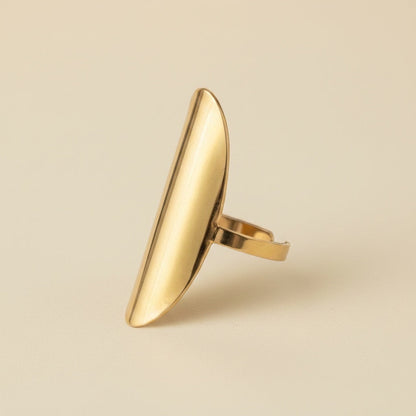 Time4Me gold-toned smooth stainless steel adjustable statement ring with a sleek elongated design