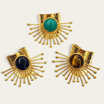 Time4Me adjustable gold-tone stainless steel rings with sunburst design and colorful gemstone accents