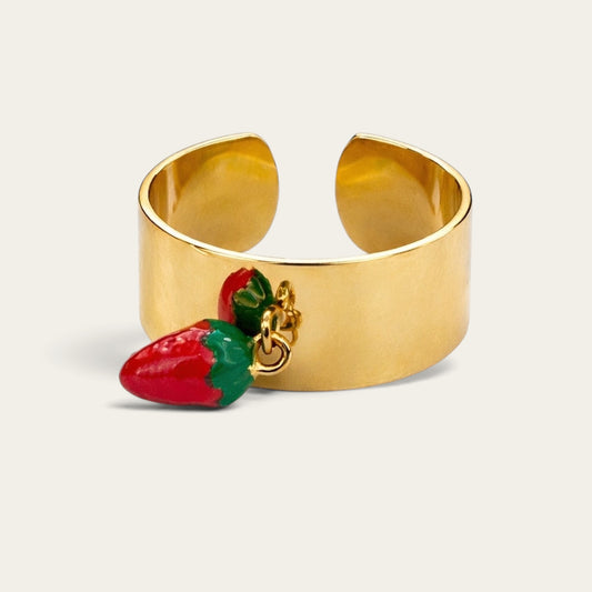 Time4Me adjustable gold-tone stainless steel ring featuring a small red and green strawberry charm