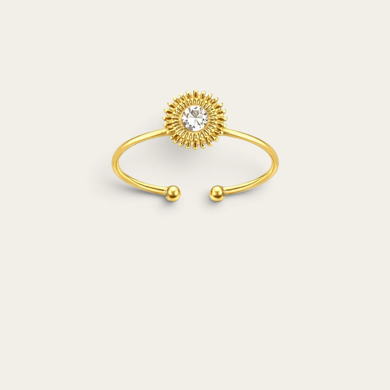 Time4Me gold-tone adjustable stainless steel ring featuring a delicate sunburst design with a central clear rhinestone