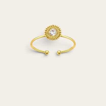 Time4Me gold-tone adjustable stainless steel ring featuring a delicate sunburst design with a central clear rhinestone