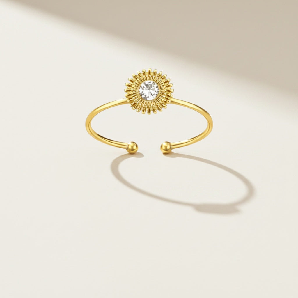 Time4Me adjustable gold stainless steel ring featuring a delicate sunburst design with a central clear rhinestone