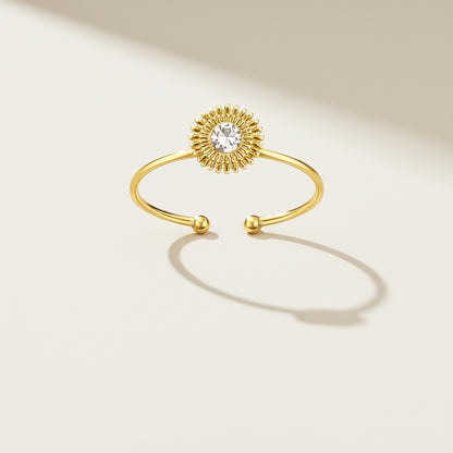 Time4Me adjustable gold stainless steel ring featuring a delicate sunburst design with a central clear rhinestone
