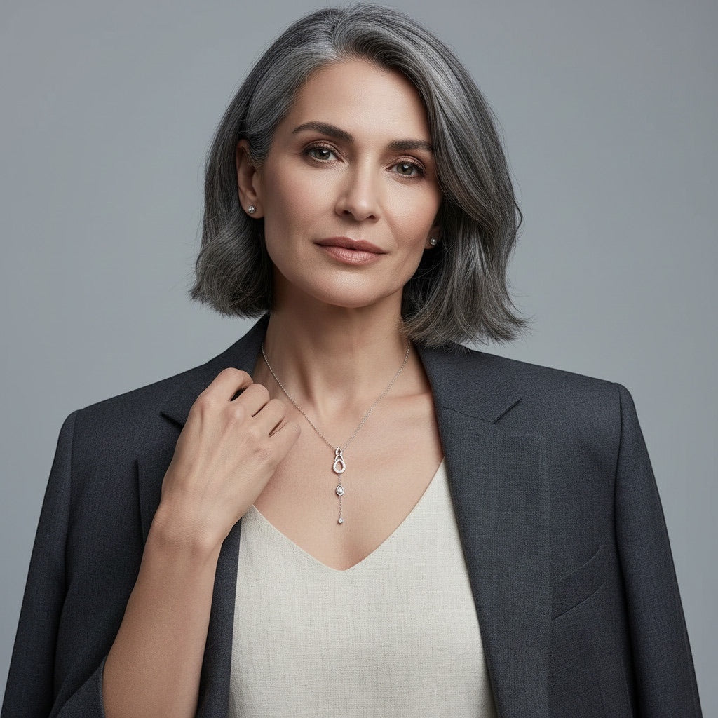 Time4Me gold-tone stainless steel necklace with teardrop pendants and rhinestones worn by a woman in a grey blazer.