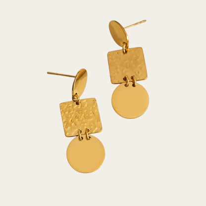 Time4Me gold-tone stainless steel drop earrings featuring textured square and smooth round plates