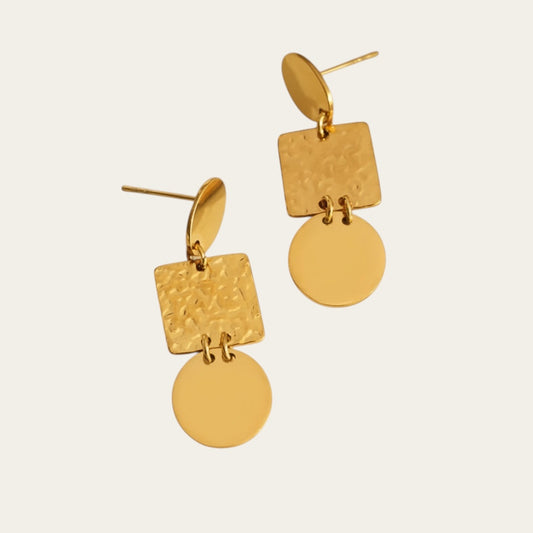 Time4Me gold-tone stainless steel drop earrings featuring textured square and smooth round plates