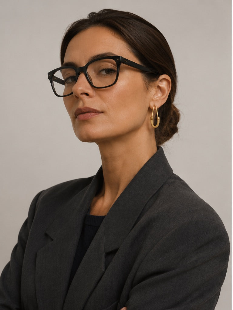 Time4Me gold elongated textured hoop earrings worn by a woman in a grey blazer and black glasses