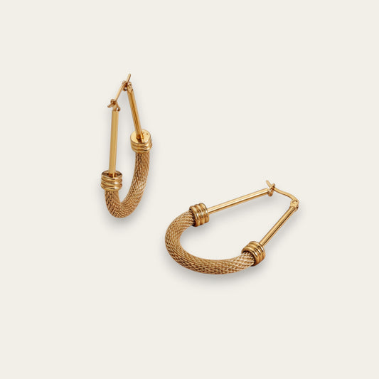 Time4Me gold-toned elongated hoop earrings with a textured mesh design, crafted from durable stainless steel.