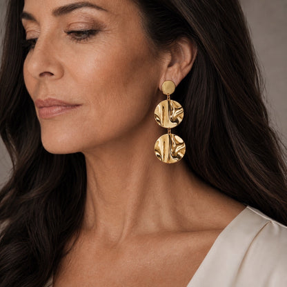 Time4Me gold-tone stainless steel drop earrings featuring three textured, wavy circular discs worn by a woman.