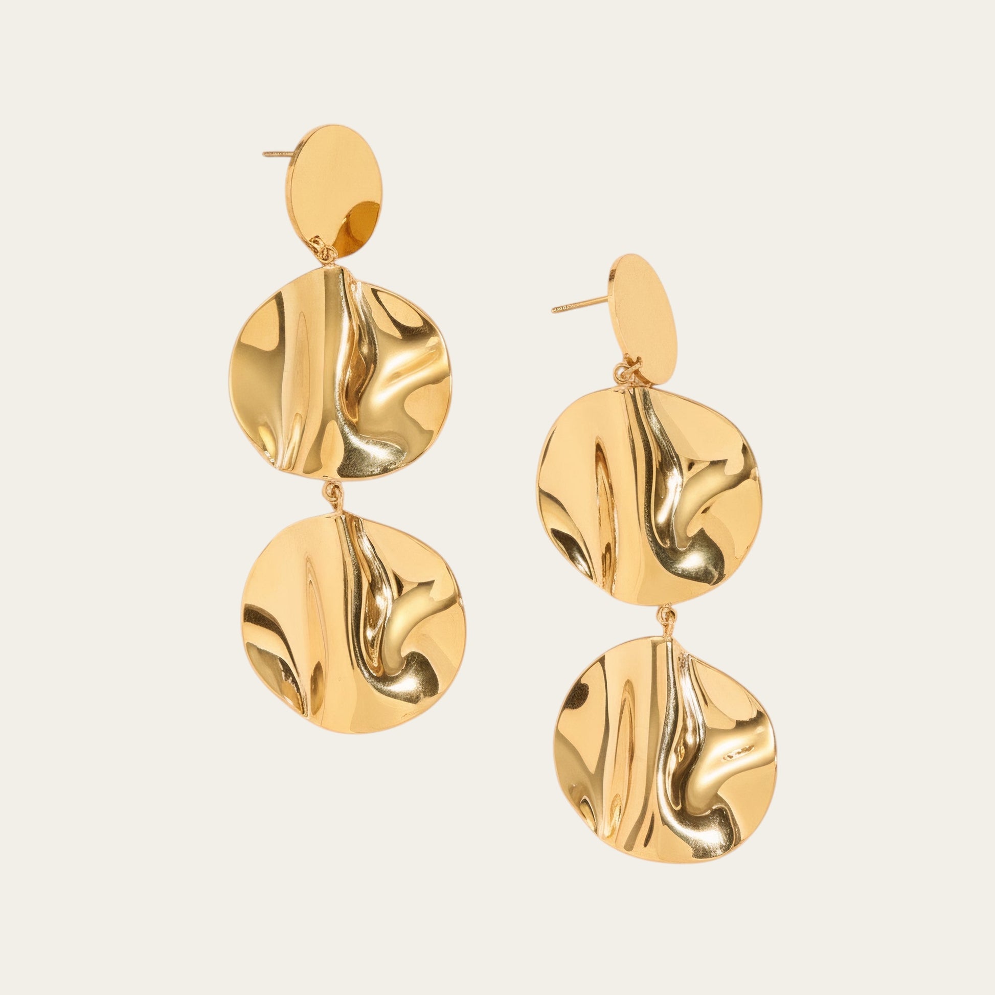 Time4Me gold-tone stainless steel drop earrings featuring three smooth and wavy textured circular discs