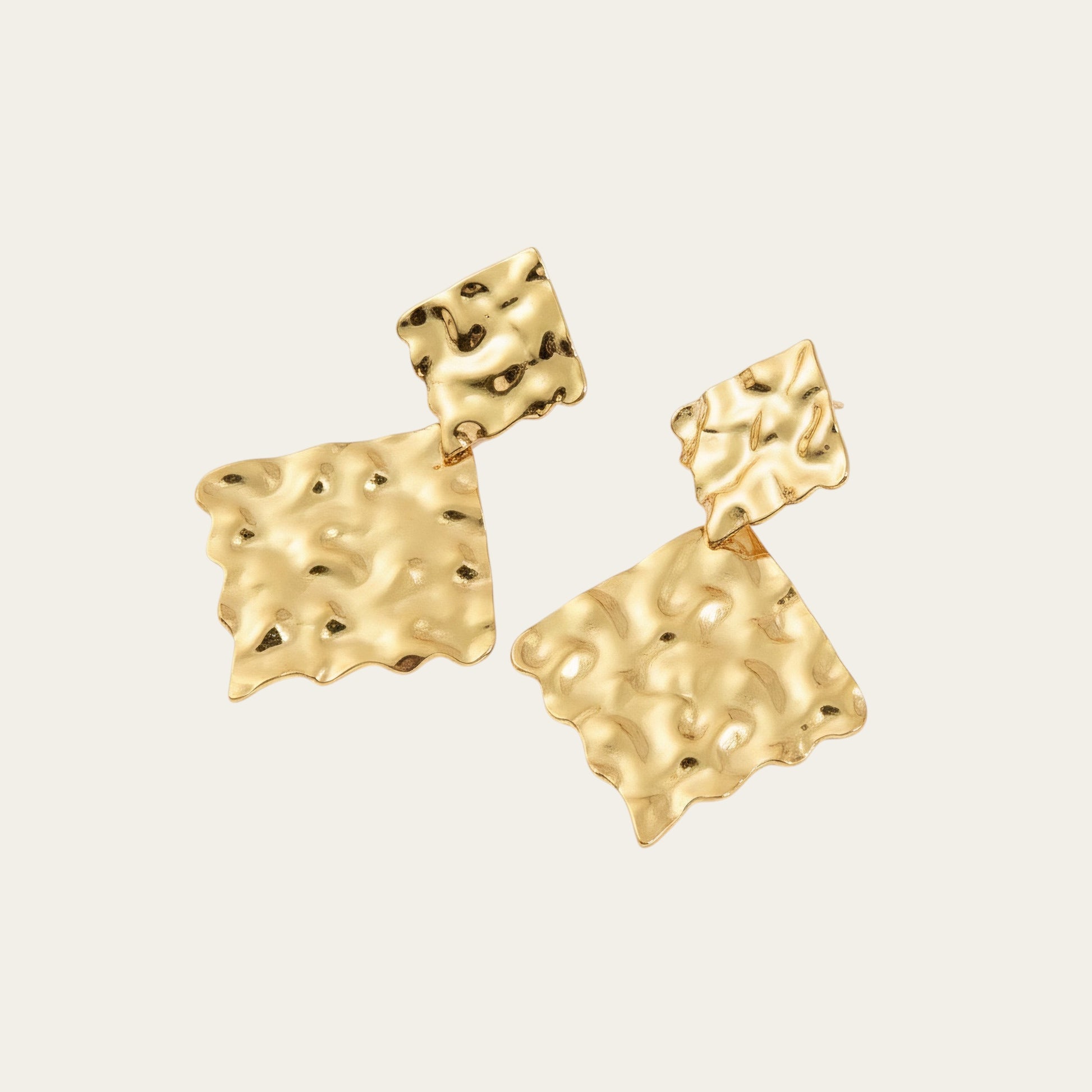 Time4Me gold-toned hammered rhombus earrings made from durable stainless steel with a textured geometric design.