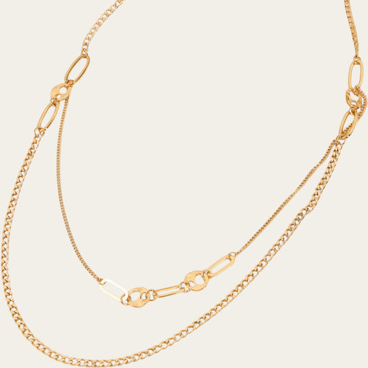 Time4Me gold-tone long necklace featuring a mix of delicate chains and large oval links in stainless steel