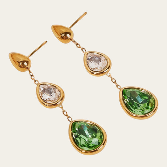 Time4Me long gold-tone stainless steel earrings featuring white and green teardrop glass pendants