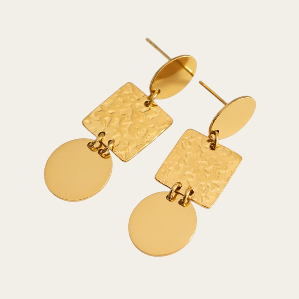 Time4Me long gold-tone stainless steel earrings featuring textured square and smooth circular plates