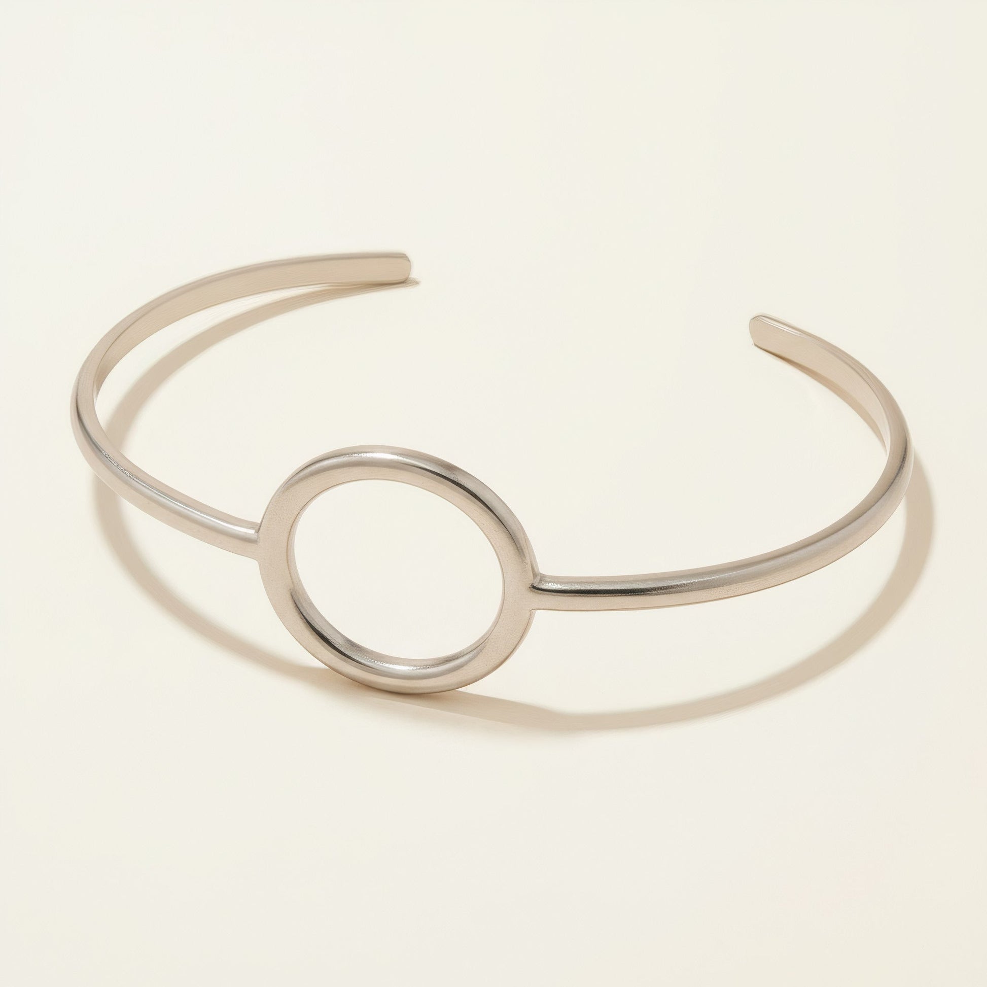 Time4Me minimalist silver open cuff bracelet with a central circle design made of durable stainless steel