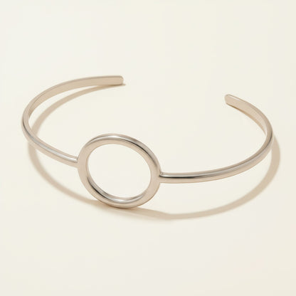 Time4Me minimalist silver open cuff bracelet with a central circle design made of durable stainless steel