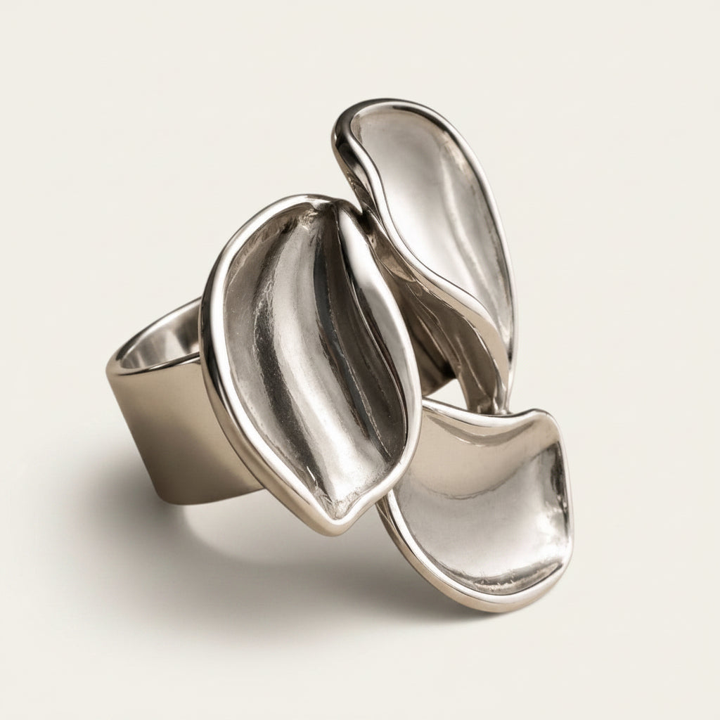Time4Me wide silver-tone stainless steel ring featuring a sculptural three-petal floral design