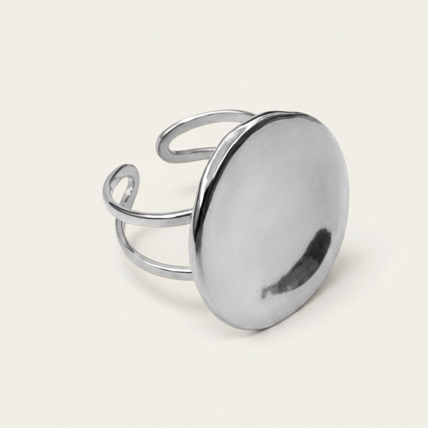 Time4Me silver button-style adjustable stainless steel ring with a smooth minimalist circular design