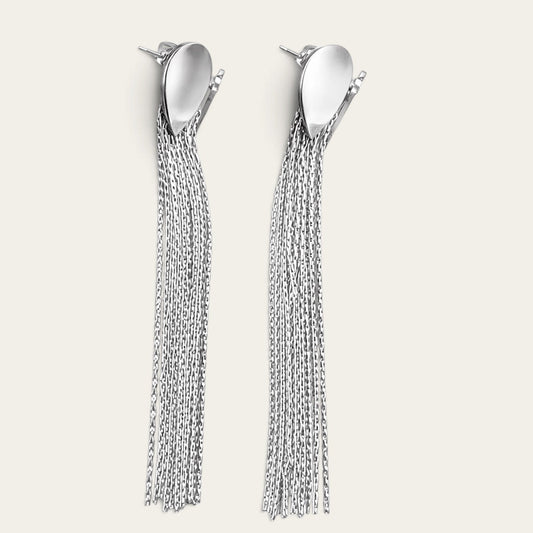 Time4Me silver-tone stainless steel drop earrings featuring long delicate chain fringe tassels