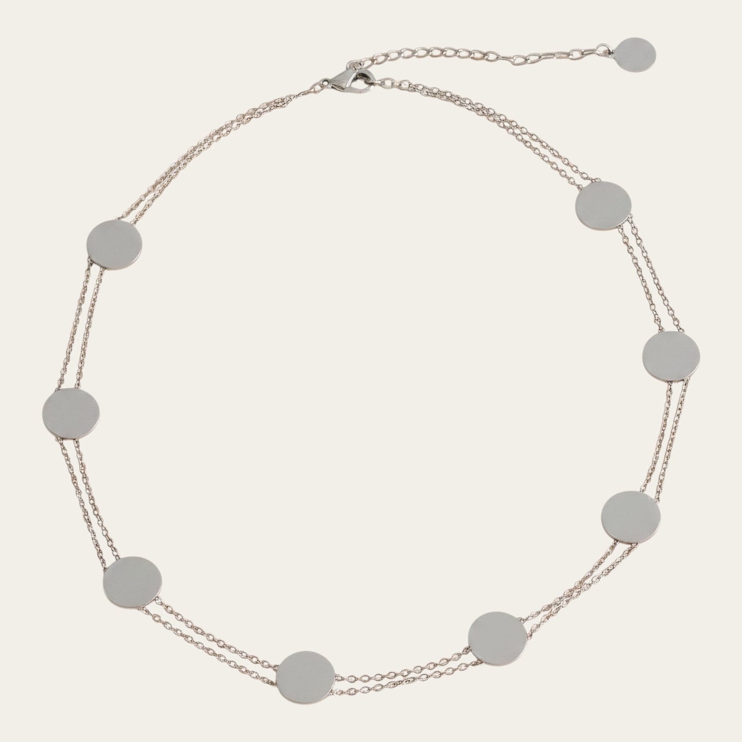 Time4Me silver-tone stainless steel double chain choker necklace featuring multiple round disc charms.