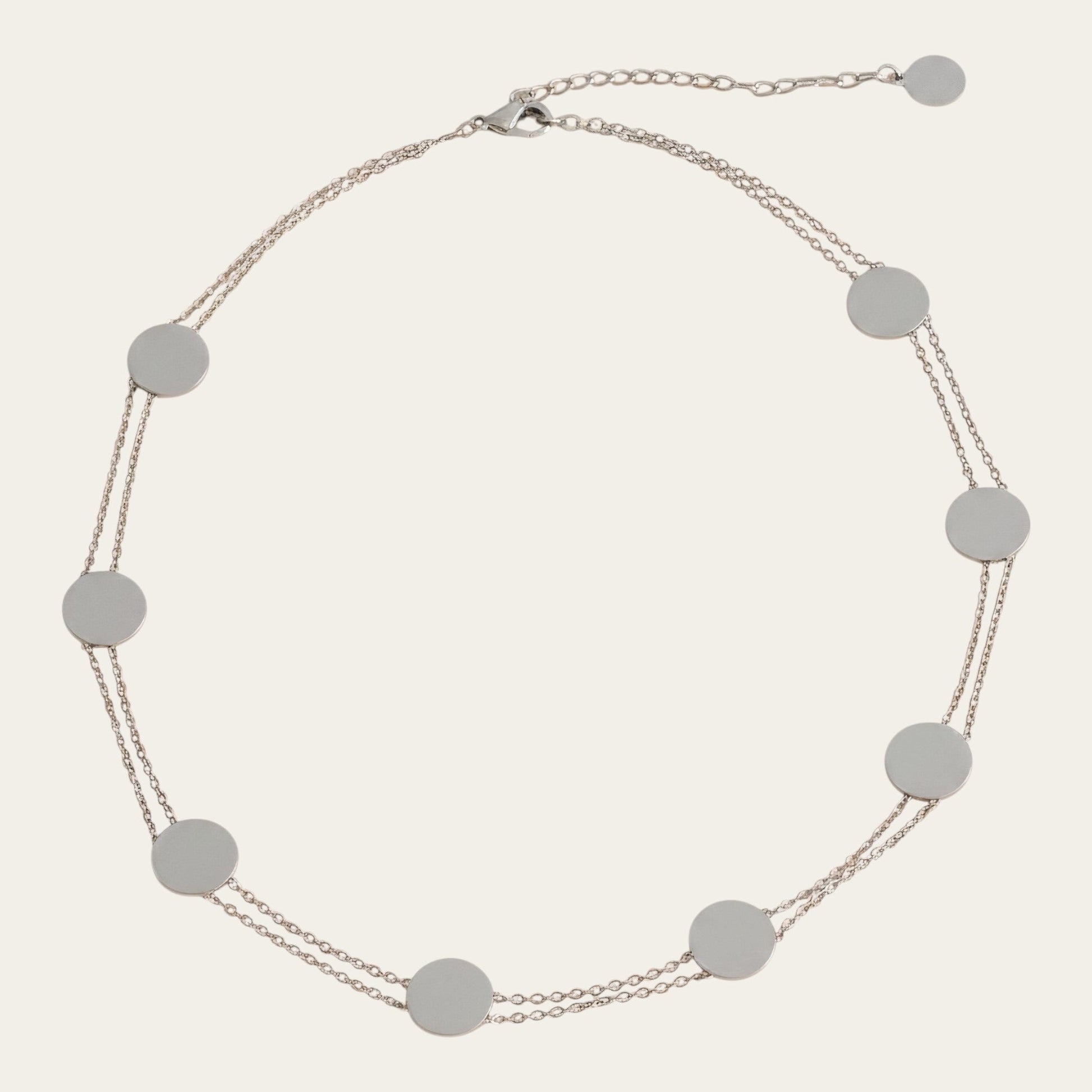 Time4Me silver-tone stainless steel double chain choker necklace featuring multiple round disc charms.