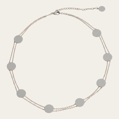 Time4Me silver-tone stainless steel double chain choker necklace featuring multiple round disc charms.