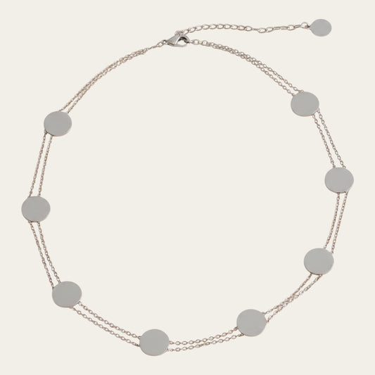 Time4Me silver-tone stainless steel double chain choker necklace featuring multiple round disc charms.