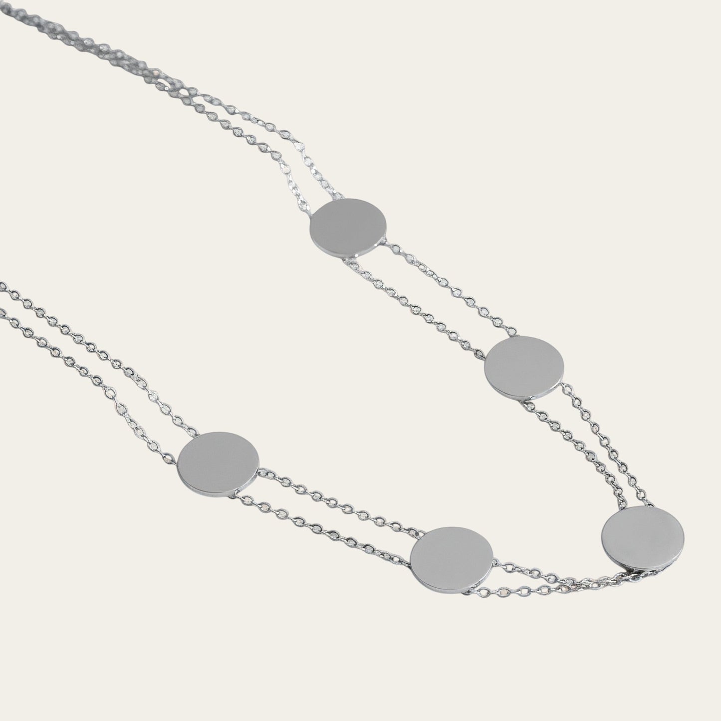Time4Me silver-tone stainless steel double chain choker necklace featuring five circular disc pendants.
