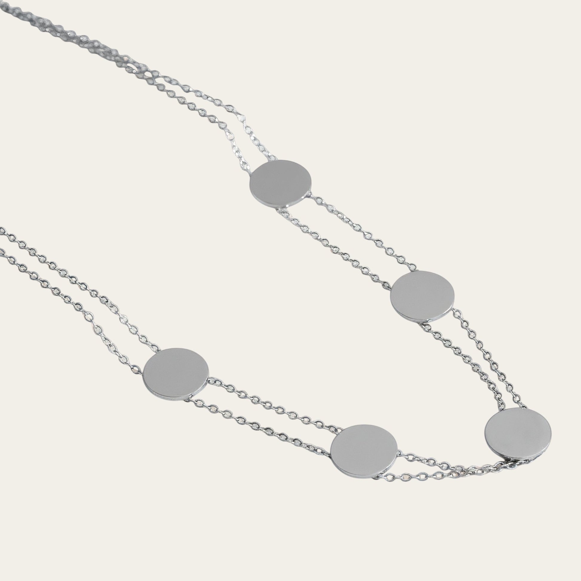 Time4Me silver-tone stainless steel double chain choker necklace featuring five circular disc pendants.