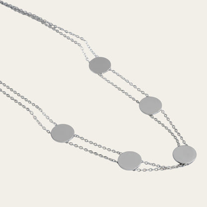 Time4Me silver-tone stainless steel double chain choker necklace featuring five circular disc pendants.